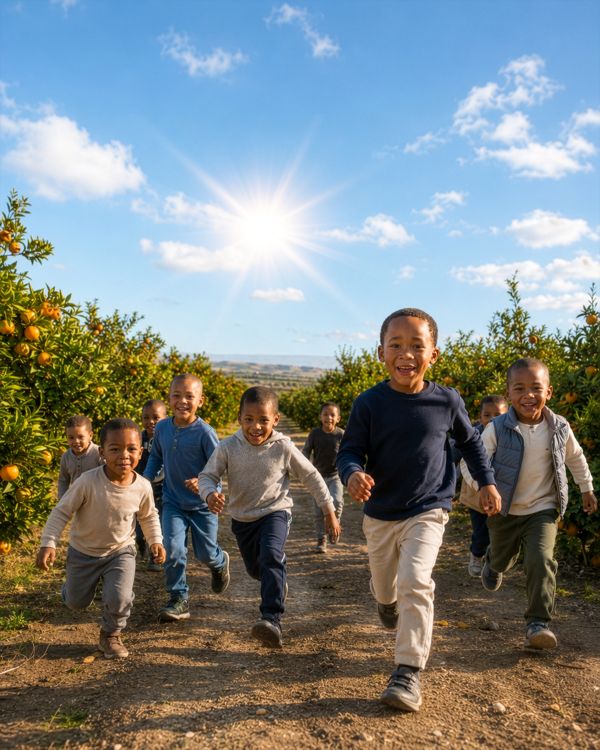 Children running through the orchard